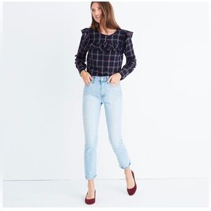 Madewell Plaid Ruffle-Yoke Top, Size S